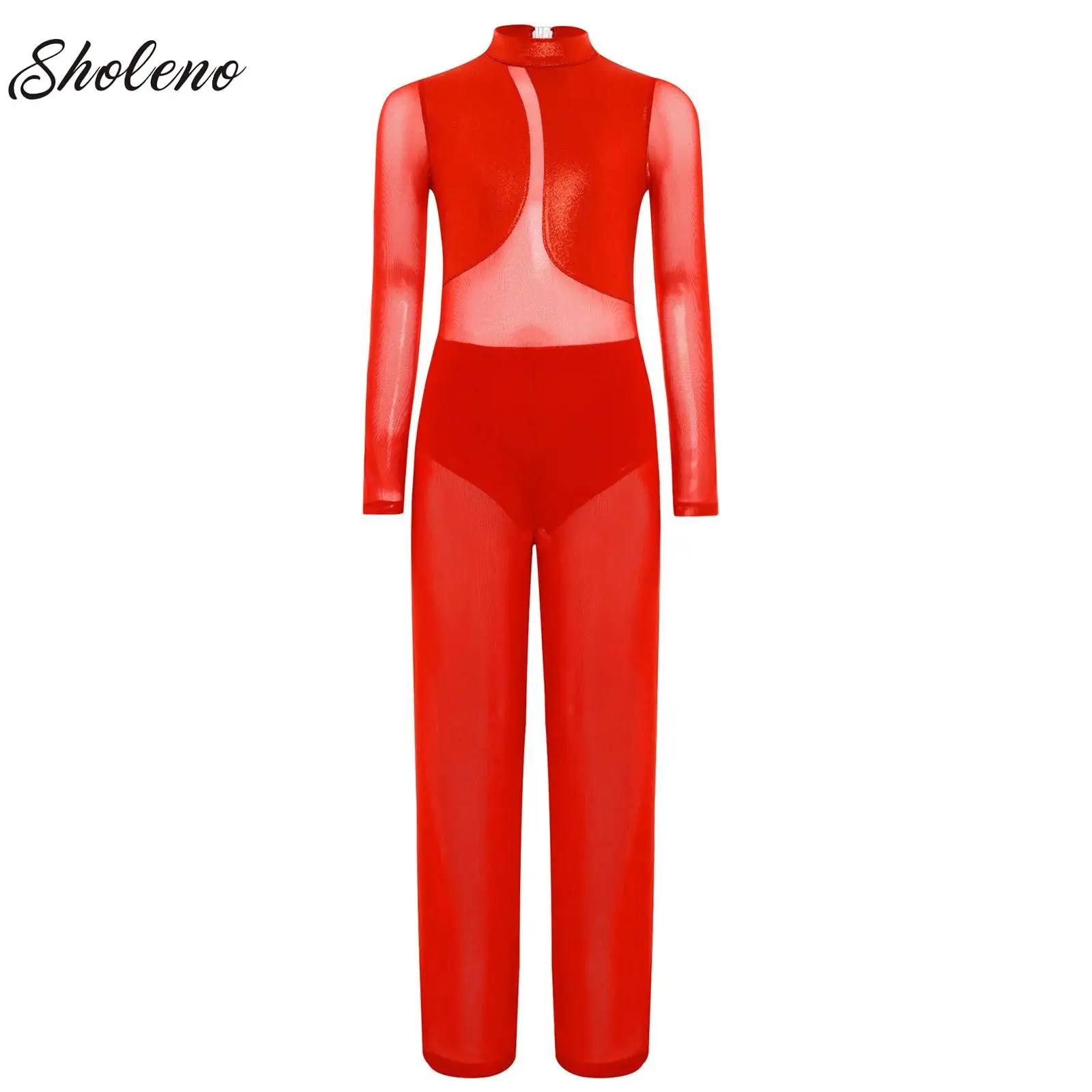 

Kids Girls Latin Jazz Dance Jumpsuit Sheer Mesh Metallic Wide-Leg Long Pants Bodysuit Ballroom Ballet Stage Performance Costume