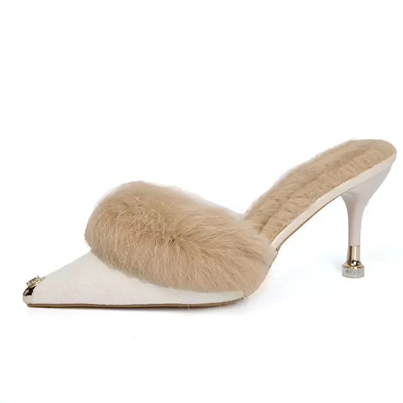 

Comfortable and Slimming Fleece-Lined Fur-Trimmed Slippers for Women Winter French-Style Pointed-Toe Half-Slipper High-Heel Shoe