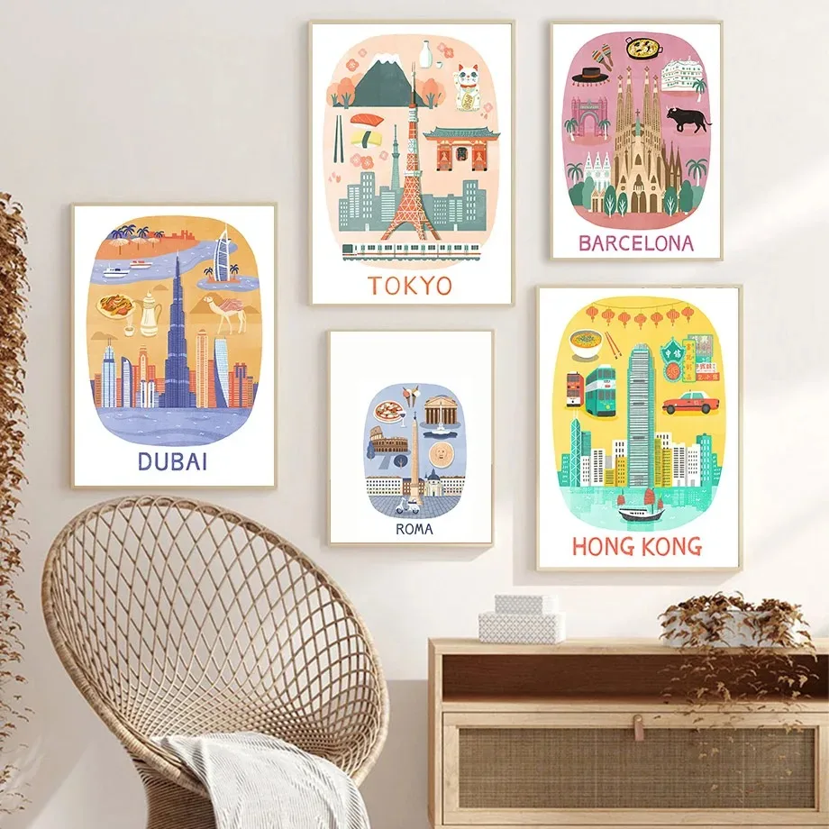 Paris Sydney Barcelona Wall Art World Travel City Wall Posters Canvas Painting Decorative Wall Prints for Living Room Decor