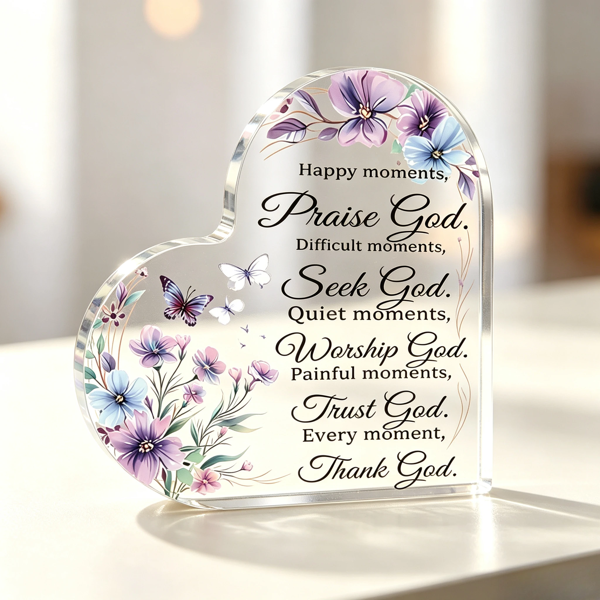 Inspirational Christian Heart-Shaped Acrylic Sign with Wooden Base, Printed with Floral Butterflies And Praise God Quotes, Home Desktop Decoration, Religious Gift for Christian Believers, Suitable for Living Room, Bedroom