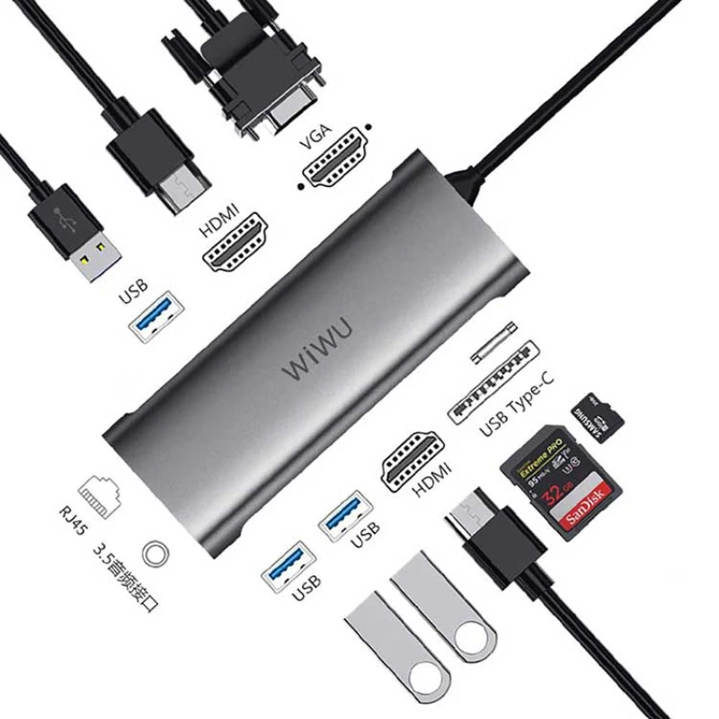 

Type C Hub USB3.0 SD TF HD-MI VGA RJ45 Multiport Power Converter Adapter Connector for Laptop mobile phone computer