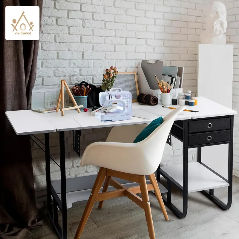 Foldable Sewing Machine Table Multipurpose Sewing Table with Adjustable Platform Storage Shelf and 2 Cloth Drawers Warm White