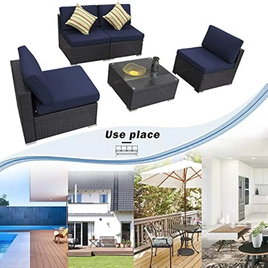 Pátio PE Rattan Wicker Sofa Set, Outdoor Sets móveis secionais com almofadas do sofá, 2 travesseiro e mesa de chá, 5 pcs