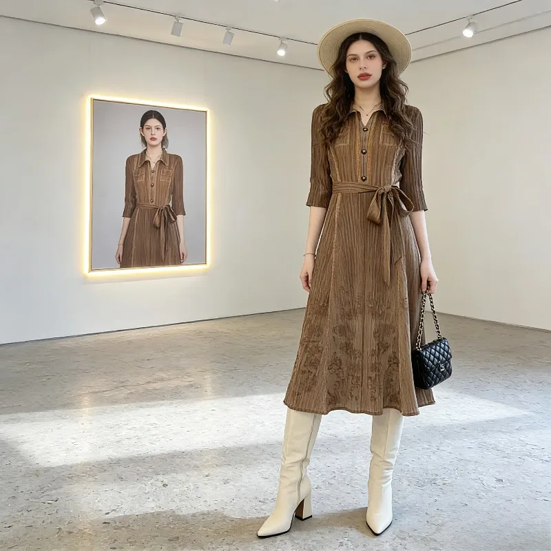 

Плиссированное платье Miyake: модное ретро-платье из денима с принтом, свободного кроя, с завышенной талией, А-силуэт, элегантное плиссированное платье больших размеров