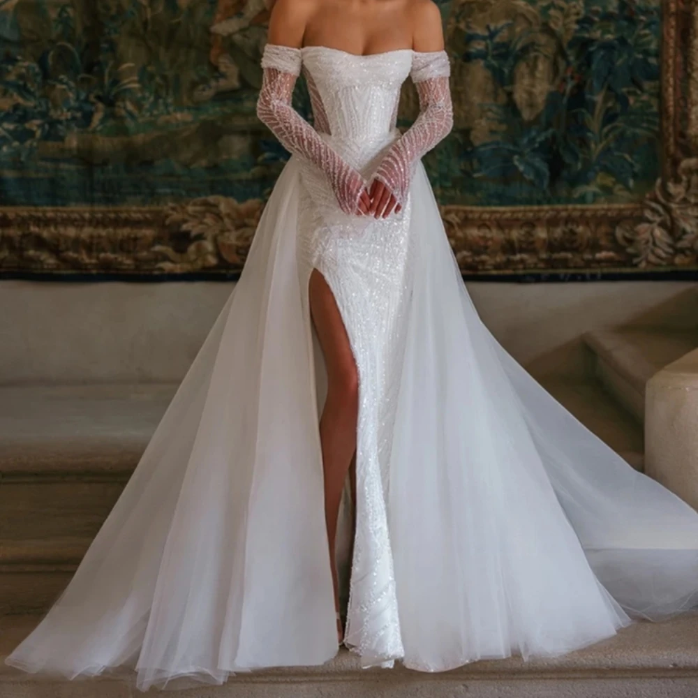 

Elegant Wedding Dress For Bride 2024 White Side Slit Tulle Bling Off The Shoulder Strapless Long Sleeve A-Line Detachable Train