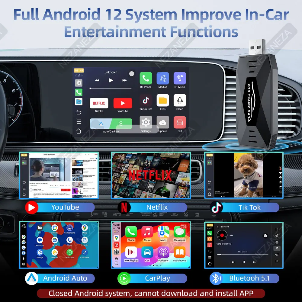 صندوق Mini 3In1 AI سلكي إلى CarPlay اللاسلكي Android Auto Support Netflix YouTube Tiktok USB Type-c Dongle محول السيارة