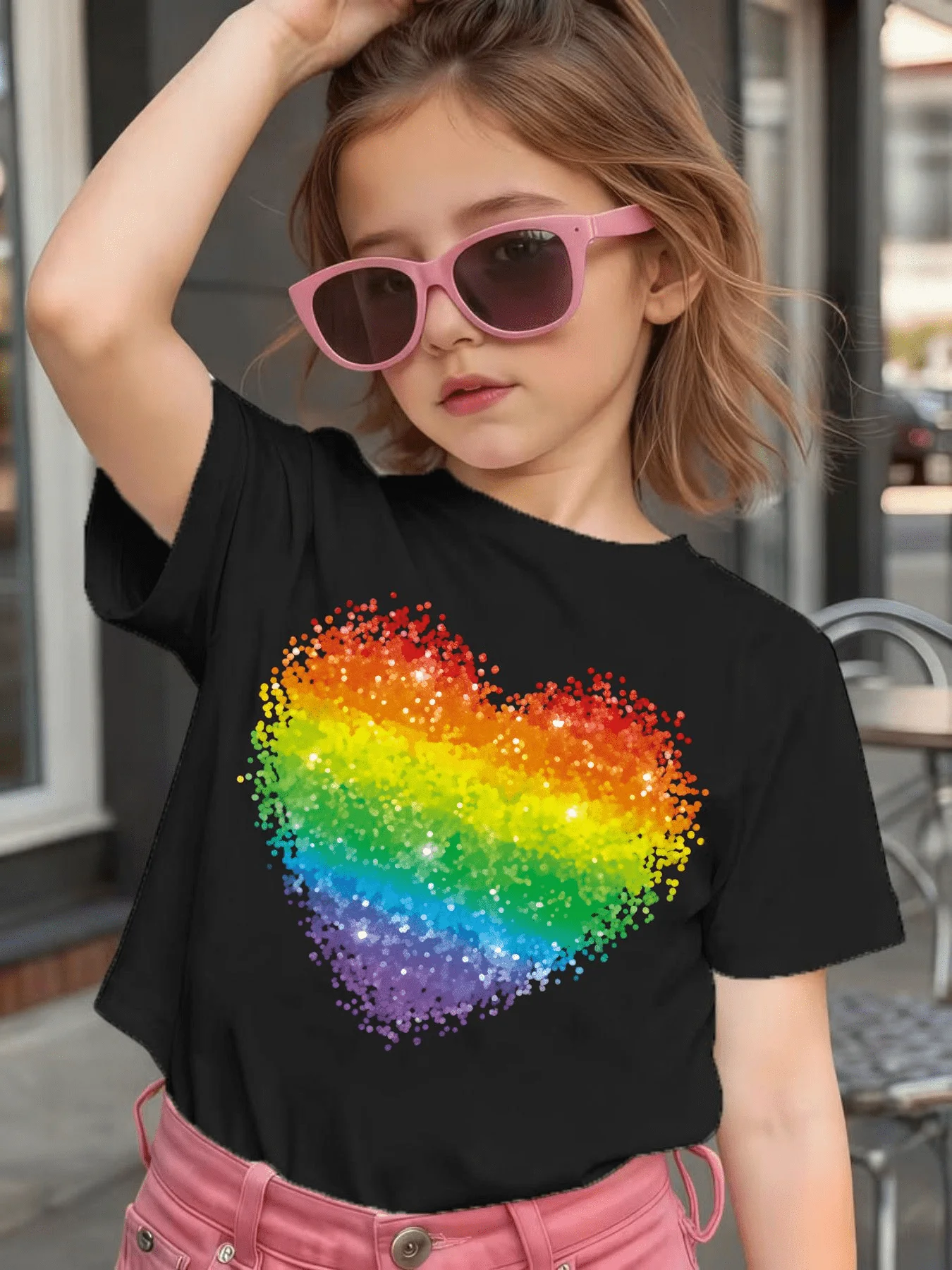 Kids Matching T Shirt Rainbow Glitter Heart Pattern Print Boys Girls Soft Short Sleeve Fashion Versatile Daily Casual Family Top