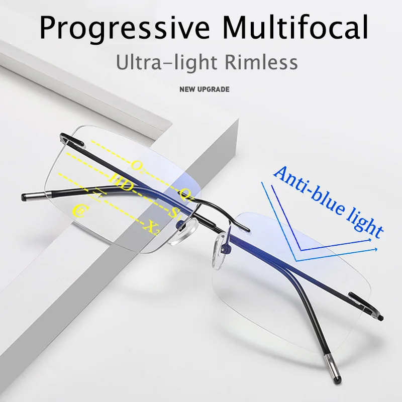 Ultraleichte Titan-Rahmen Randlose Progressive Multifokale Lesebrille für Männer und Frauen Anti-Blaulicht Presbyopie-Brille