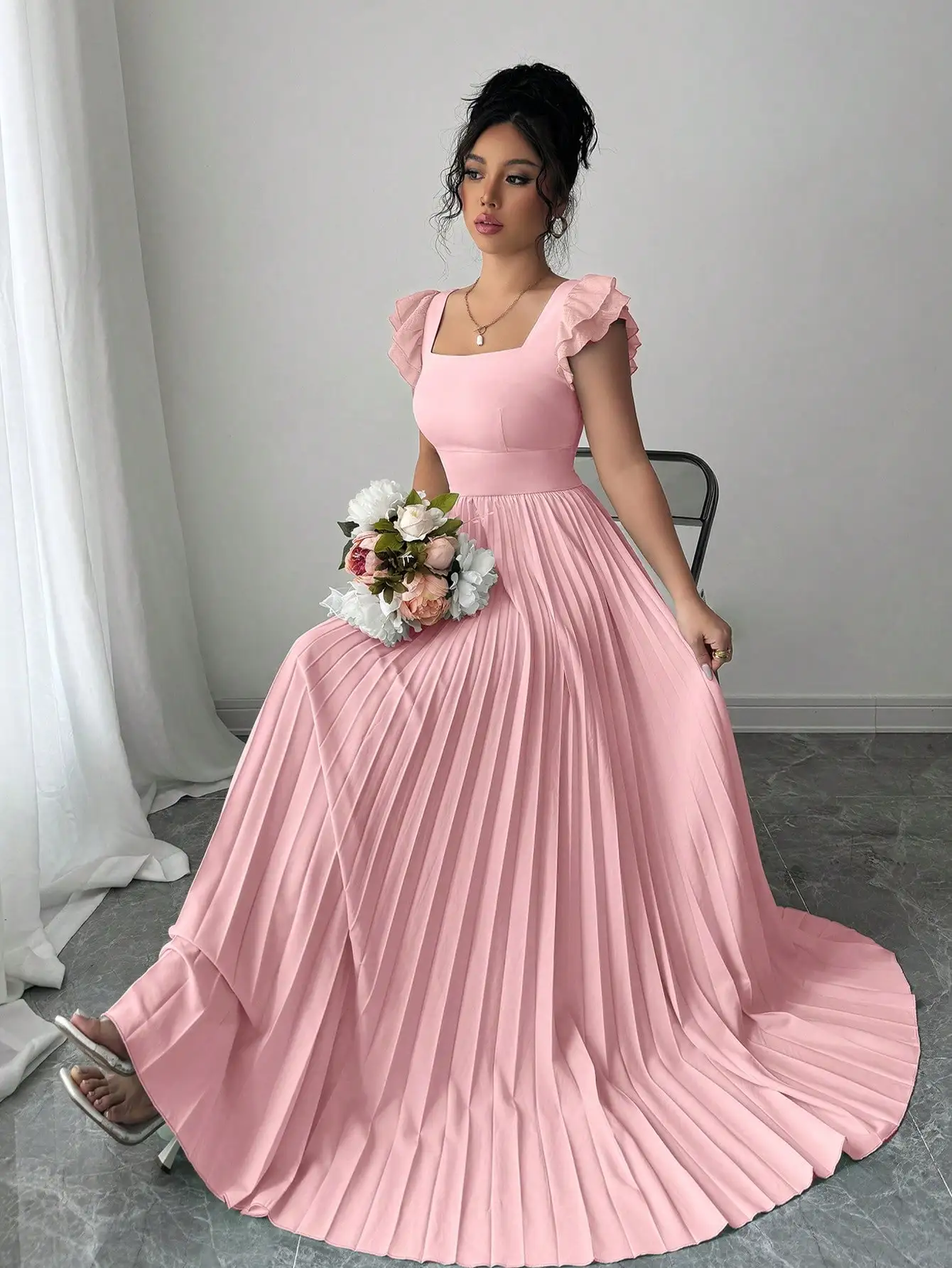 

Women's Pink Square Neck Ruffled Sleeve Pleated Maxi Dress