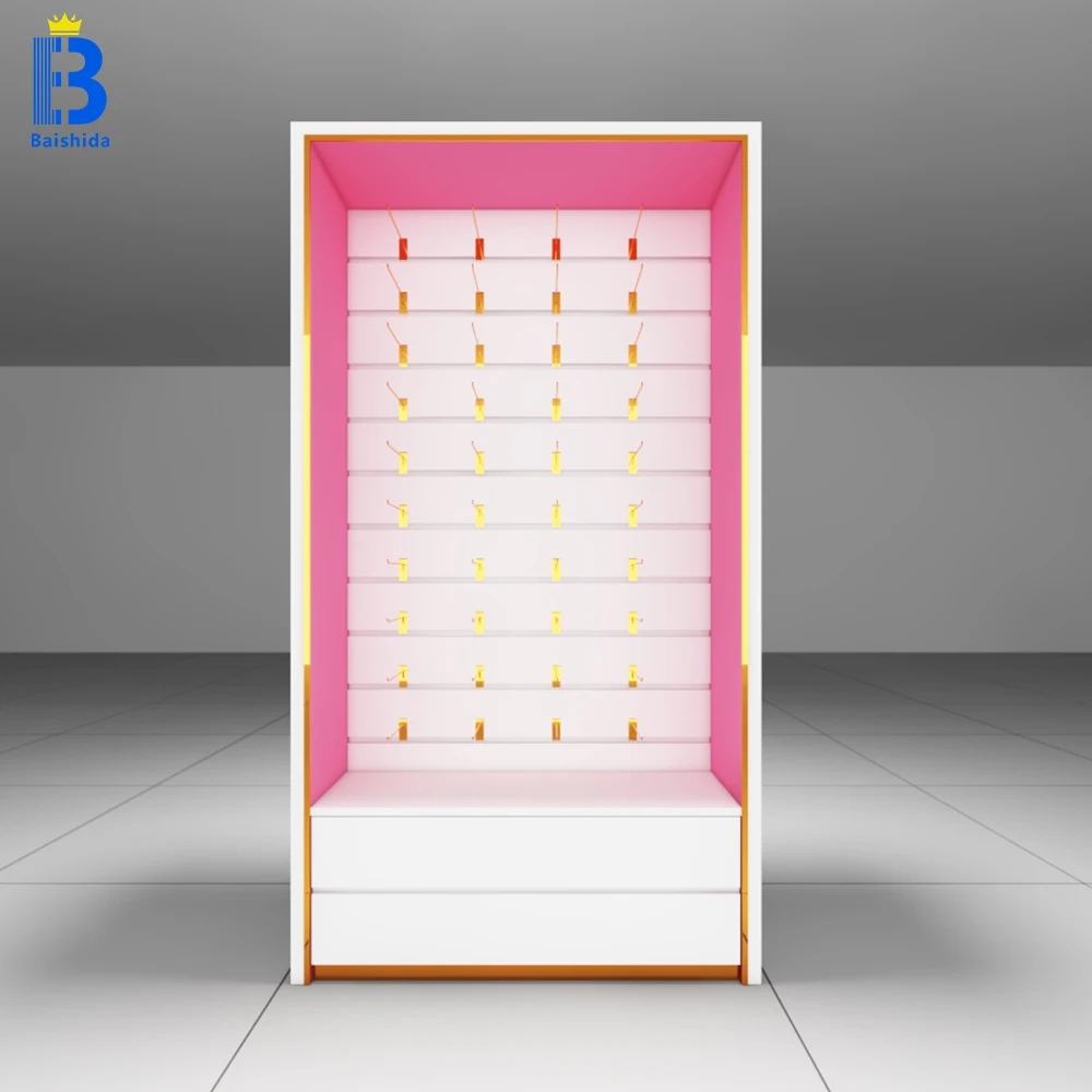 

Дизайн интерьера магазина париков на заказ: мебель, шкафы для хранения и светодиодное освещение, витрины для демонстрации париков на заказ.