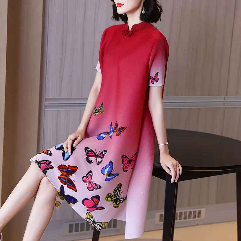 Cheongsam skirt 2023 summer Chinese wind butterfly print loose pleated dress improvement version fashion gradient dress