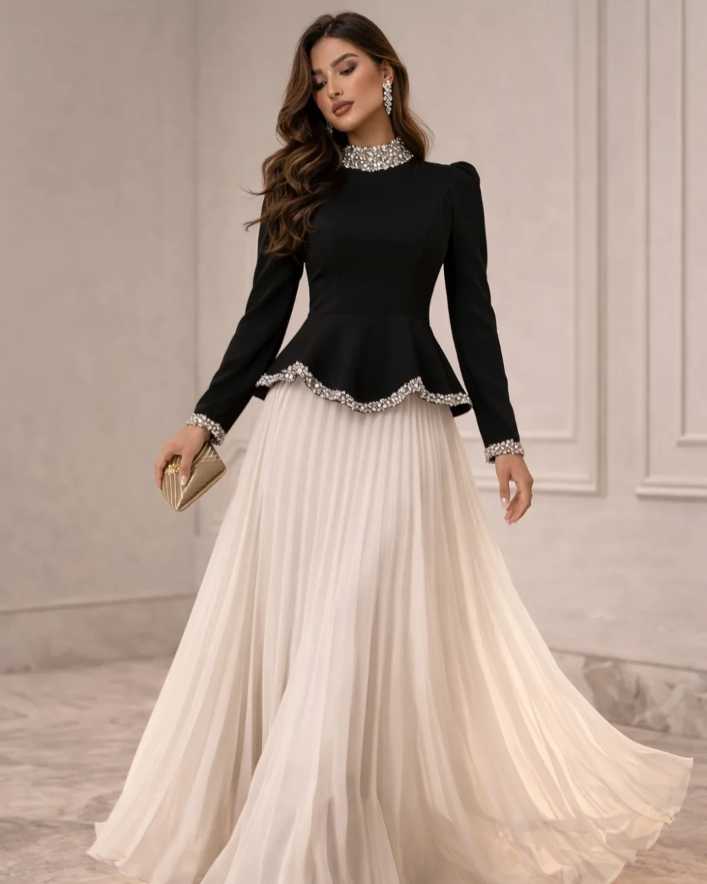 

Customized Modern Style Women Jersey Rhinestone Ruched A-Line Evening Dresses Formal Retro High Collar Long Sleeves Prom Dresses