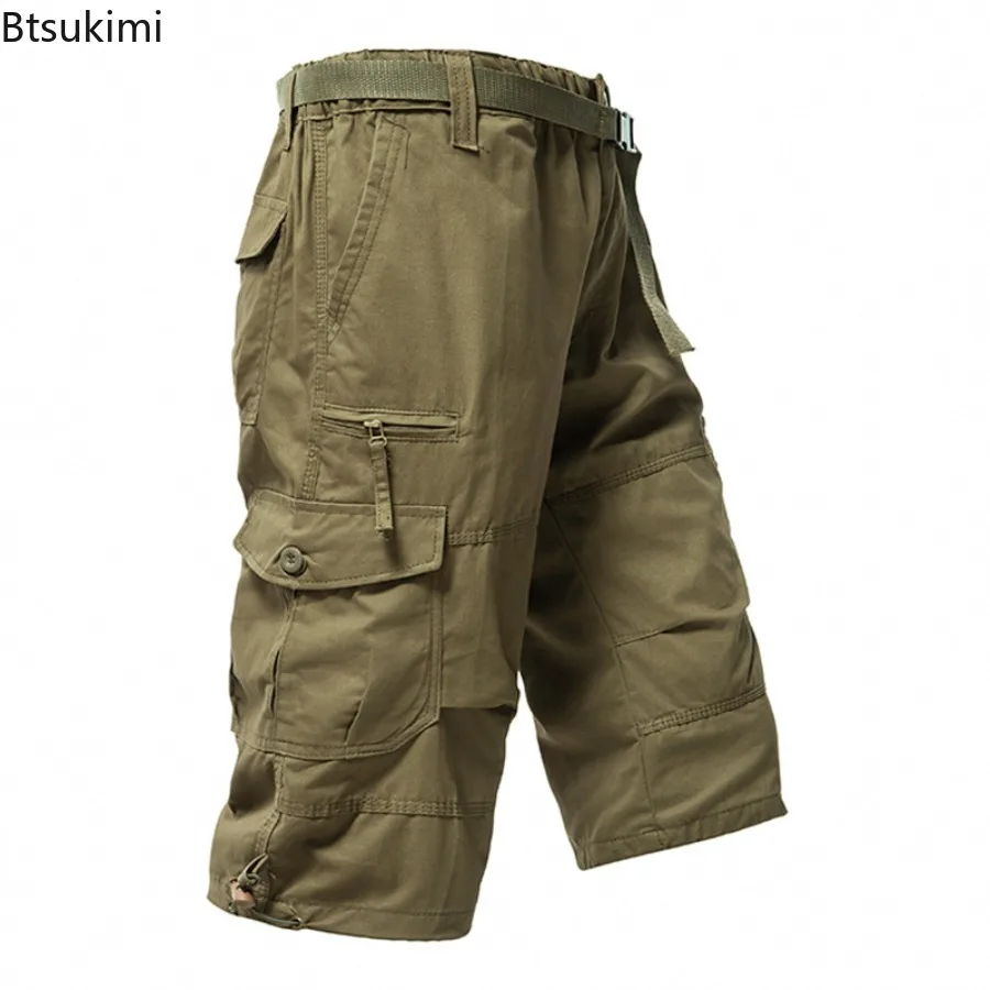 New Men's Summer Casual Shorts 100% Cotton Overalls Multi Pocket Loose Knee-length Pants American Style Retro Men Joggers Pants