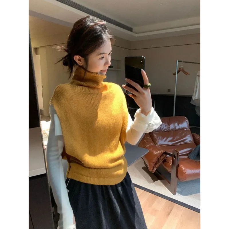 French Style Women Early Autumn Yellow Turtleneck Knit Vest Sleeveless Layered Sweater Waistcoat Outerwear