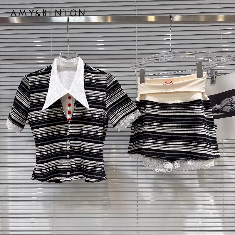 

2026 Summer New Lapel Striped Short-sleeved Women's T-shirts Retro Design Lace Splicing High Waist Short Skirts Suits Ladies