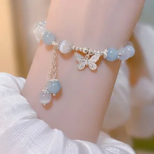 Pulsera de Borla con Ojo de Gato Natural y Mariposa para Mujer, Joyería de Aguamarina, Diseño Moderno y Único, Pulsera de Cristal de Alta Gama