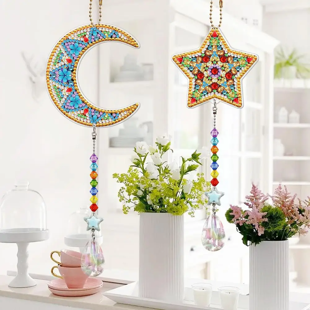 2pcs Diy Diamond Painting Set Double Sided Hanging Pendant Crystal Wind Chimes Jewellery Kit Art