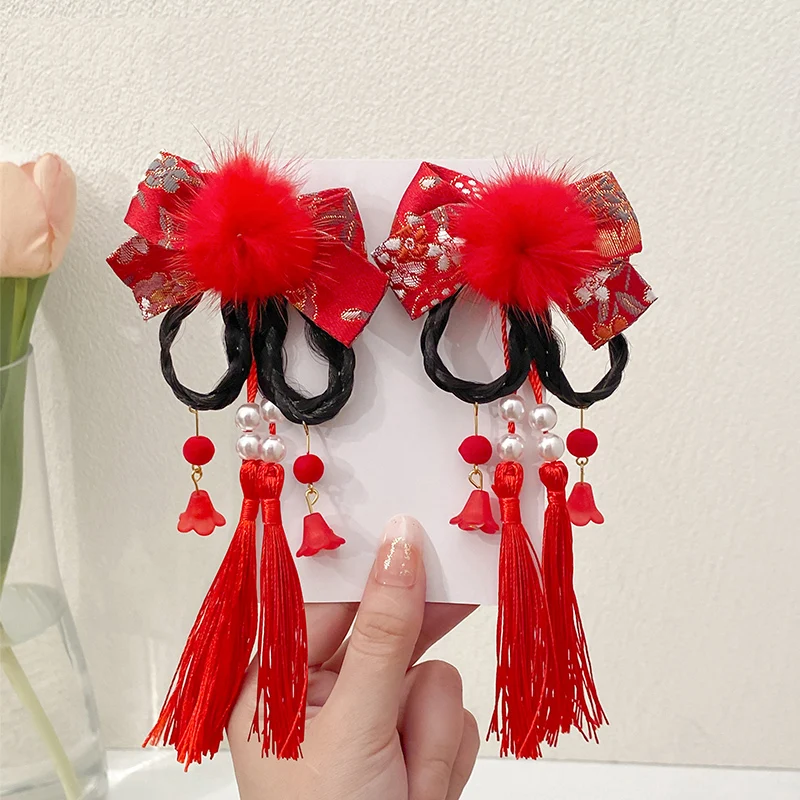 2 PCS Girls Chinese Style Hanfu Headdress Bow Hair Clip Wig Braid Hairpin Side Clip Hair Accessories For Children's Gift – Detail 2