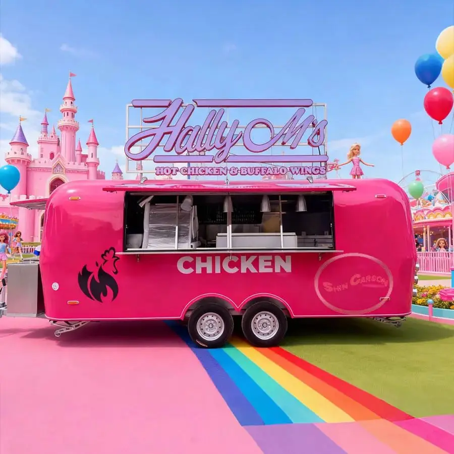 

Magenta Food Truck Main Body with Foldable Sales Window Outdoor Food Trailer Strong Visual Impact