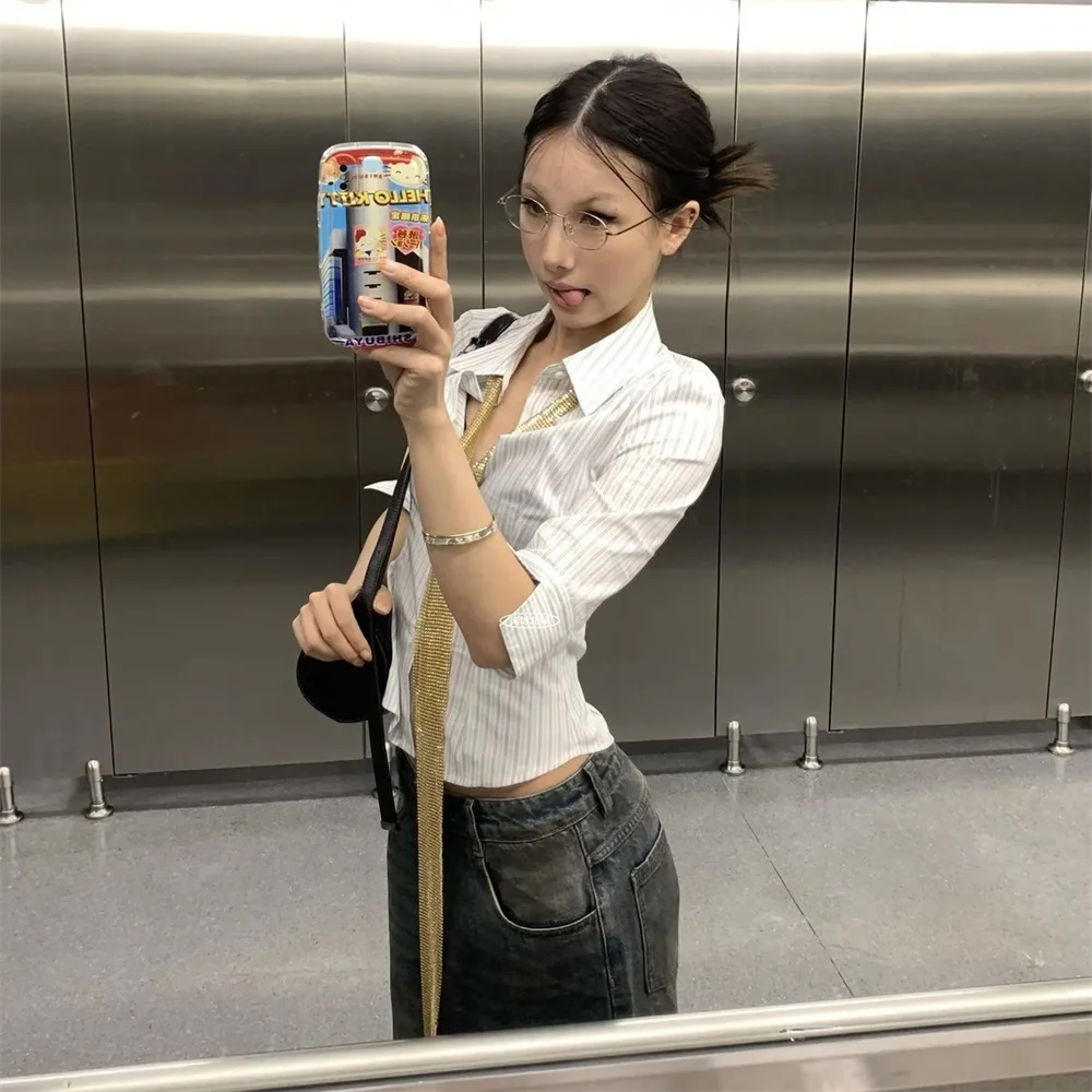 Striped Shirt Women Casual Streetwear Blouses Half Slim Summer Shirt Y2k Vintage Korean Fashion Tops Streetwear Emo Retro Shirts view 3