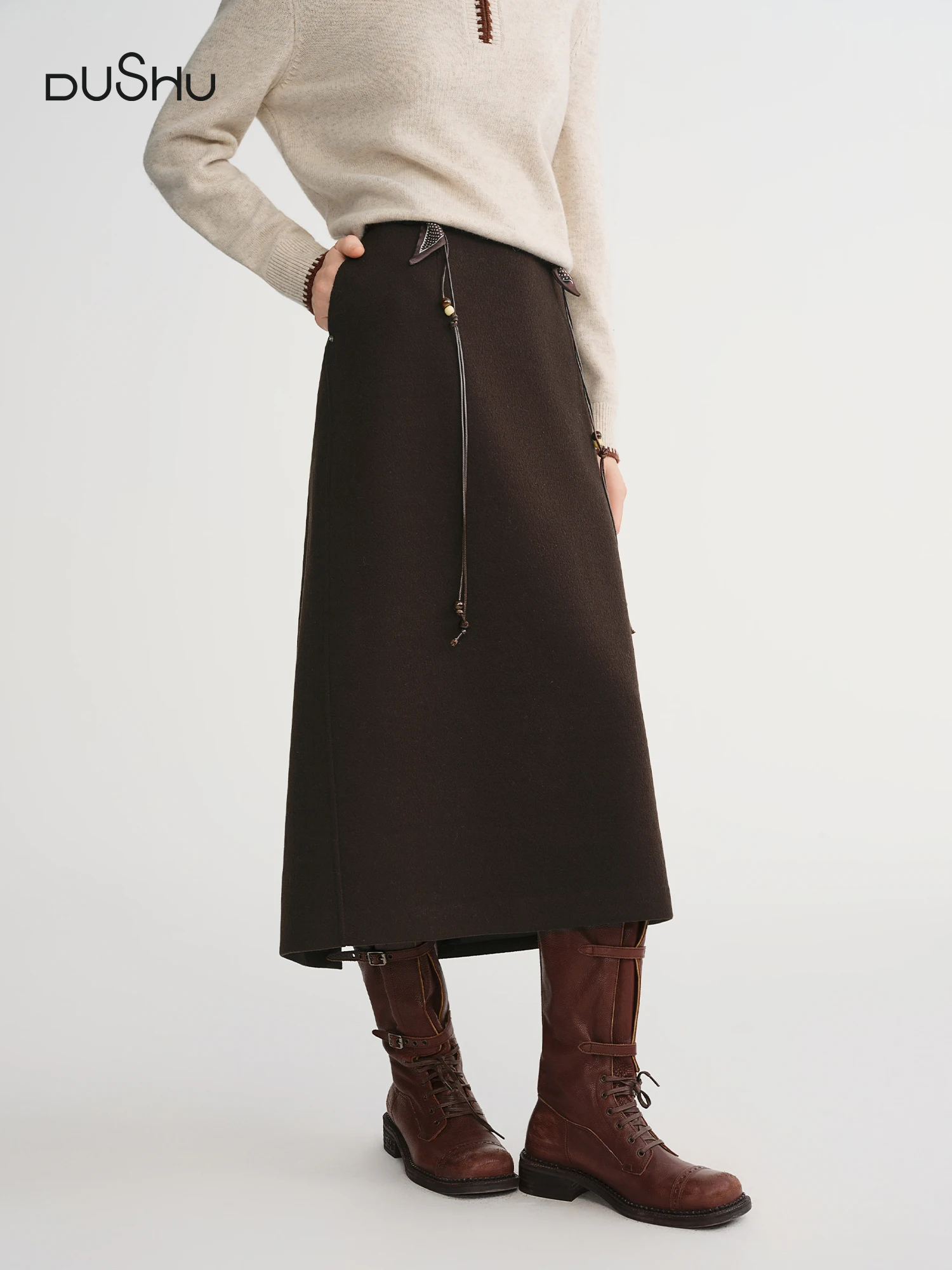 

DUSHU Classic Long and Short Elastic Waist A-line Skirt 2025 Winter Skirt for Women Solid Simple Commuting Office Ladies College
