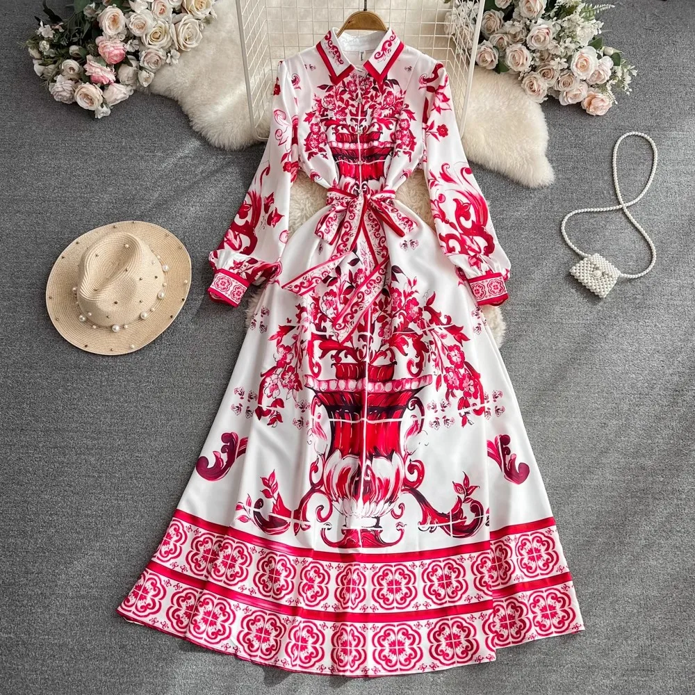 

Autumn Fashion Red Blue And White Porcelain Printed Dress Elegant Women Lapel Lantern Sleeve Lace Up Belt Holiday Long Vestidos