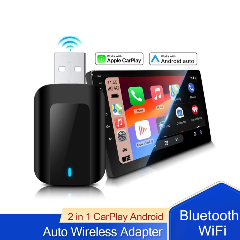 

Беспроводной адаптер CarPlay 2 в 1, Android Auto, Plug And Play, Bluetooth Wi-Fi, быстрый для Volvo Benz Audi Kia Hyundai VW Mazda Cadillac