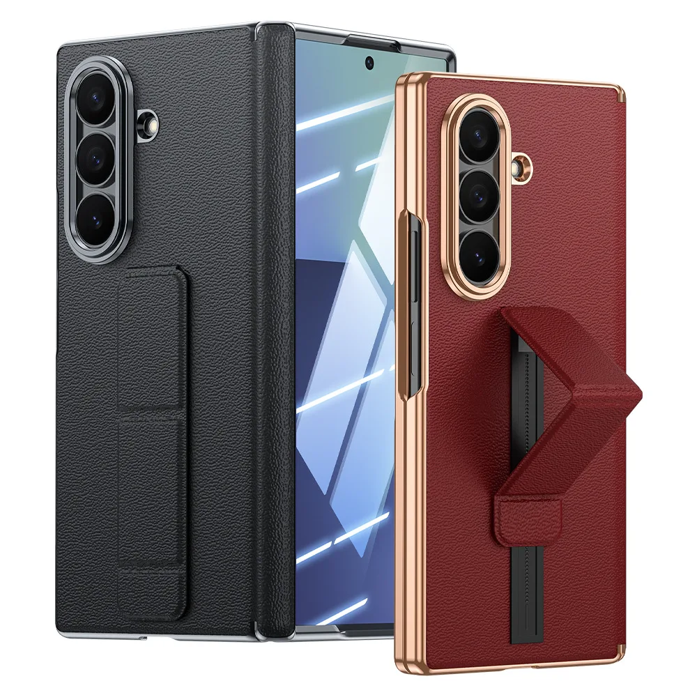 

case for Galaxy z fold 7 wristband holder genuine leather case Shock Proof Tough shell full coverage Anti-Fingerprint plain