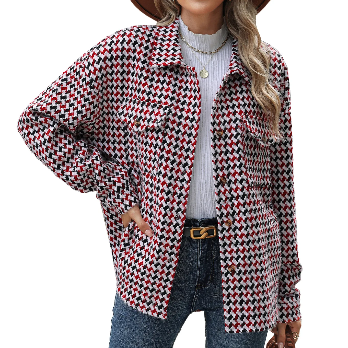 New Style Lapel Plaid Multi-button Long-sleeved Loose Woolen Jacket