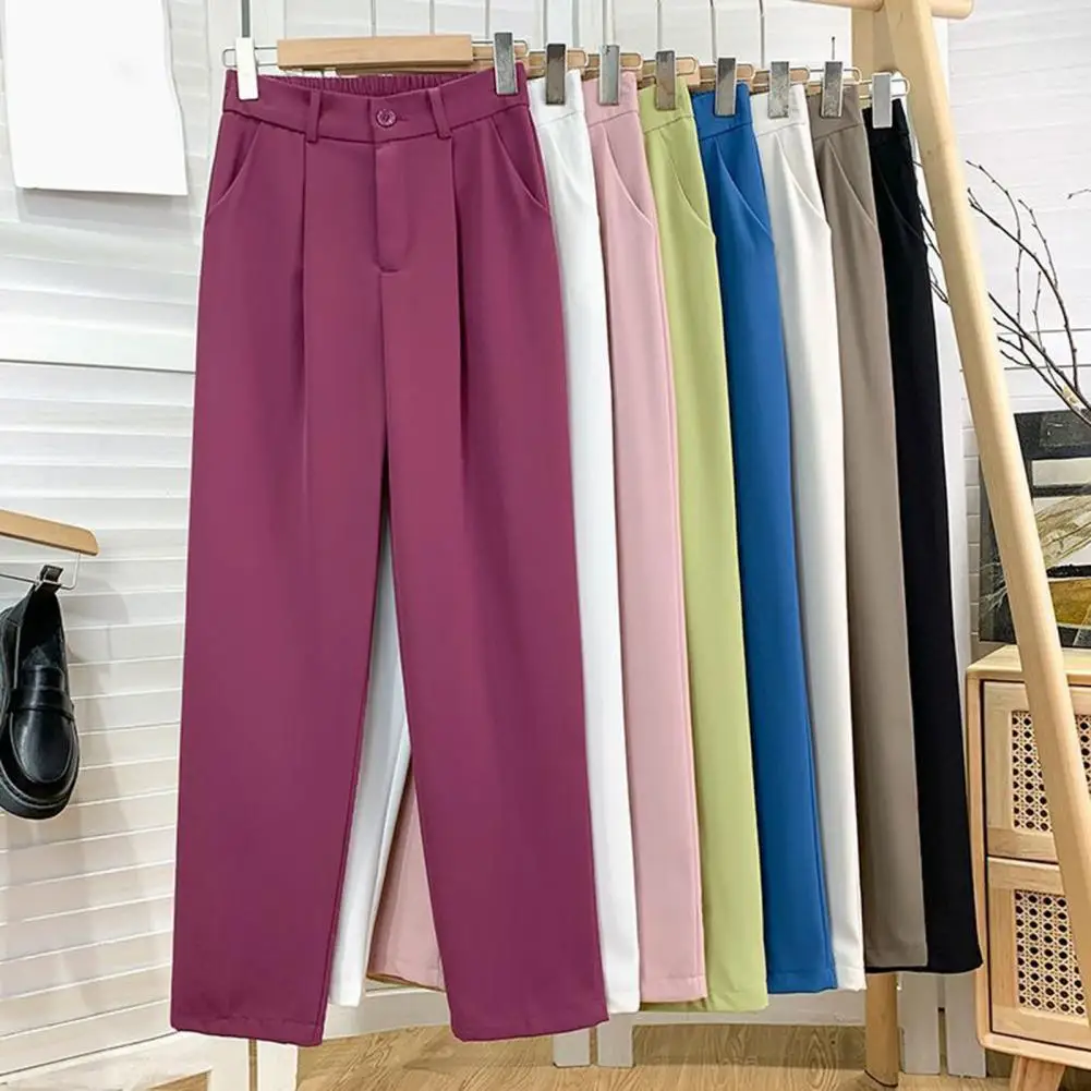 

Women Fashion Straight Pants High Waist Front Zipper Trousers Vintage Full Length Female Chic Lady Ice Silk Long Suit Trousers