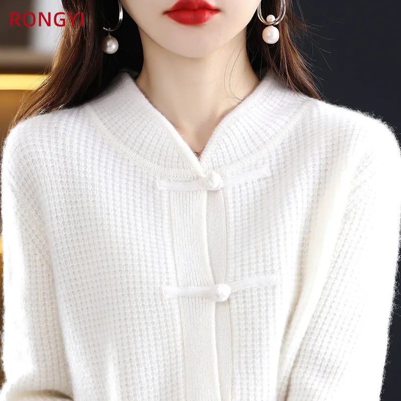 RONGYI 100% Merino Wool Women\'s Buckle Chinese Style Cashmere Cardigan Autumn Winter Warm Solid Color Jacket Top