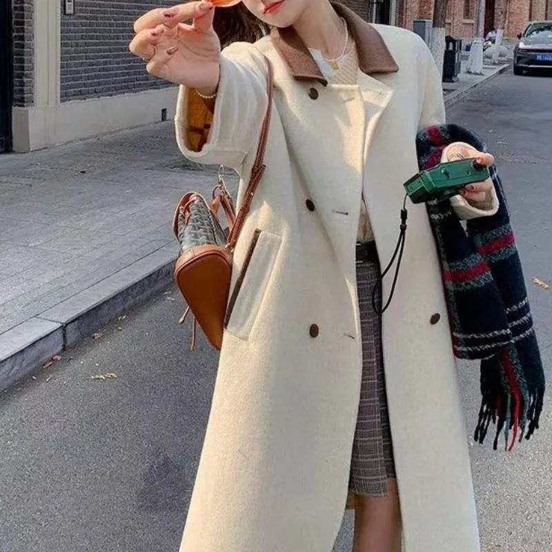 

Korean Sle Beige Women's Mid-Length Woolen Coat Autumn Winter New Small Design Sensation Color Colion Lazy Sle Outerwear
