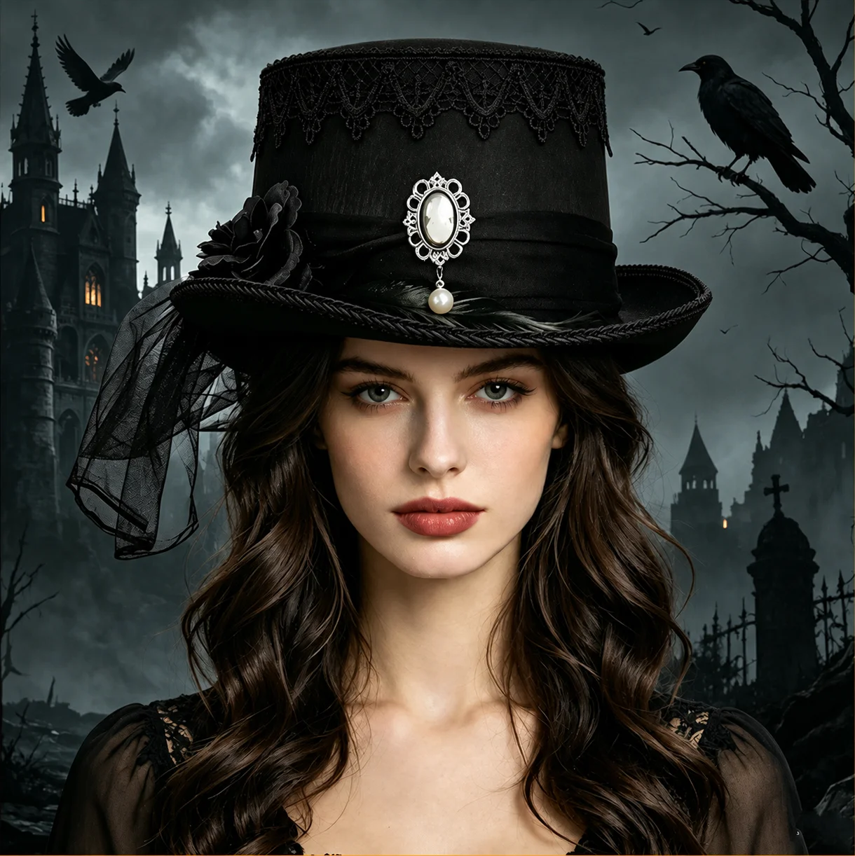 Flocked Top Hat Delicate Black Lace Decorated Hat Imitation Pearl Brooch Hat Gothic For Theme Parties Cosplay Costume Stage