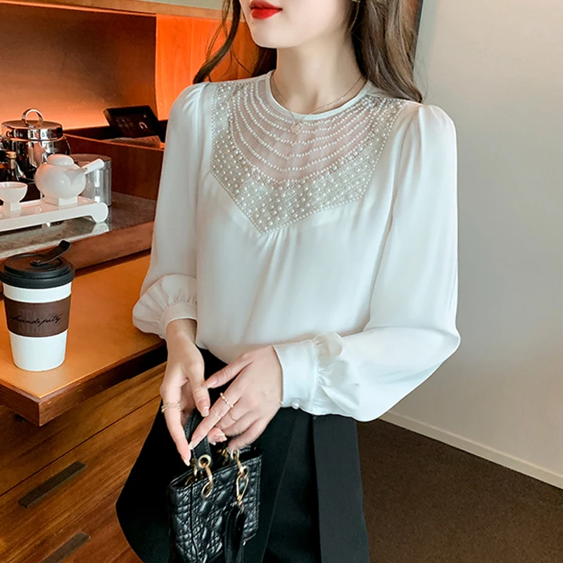 Fashion Long Sleeve Beading O-Neck Women Blouse Casual Red Chiffon Blouse Shirt Women Tops Blusas Mujer De Moda 2024 Blusa H633