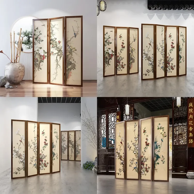 Modern Solid Wood Folding Screen Divider with Floral Bird Motif Hollow Mobile Partition for Tea Room Office Porch Decor