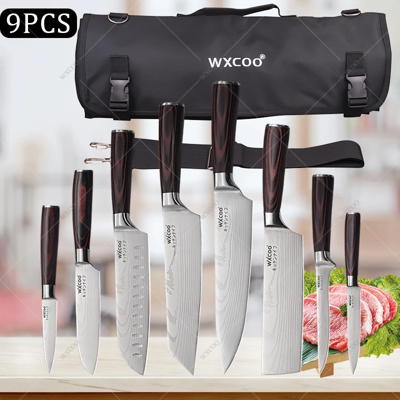 WXCOO профессиональный японский набор ножей шеф-повара 7Cr17Mov стальной нож для рыбы и фруктов Сантоку нож мясник для обвалки мяса тесак кухонный нож сумка