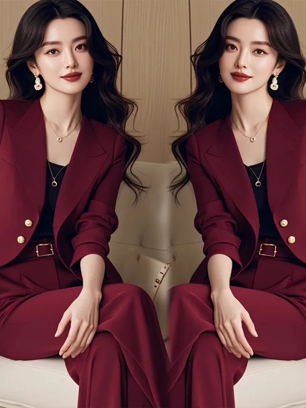 

Ele Faionable Thin Suit Set for Women Spring Autumn High Waist Long Pants Korean Sle Commute Casual Polyester Fiber