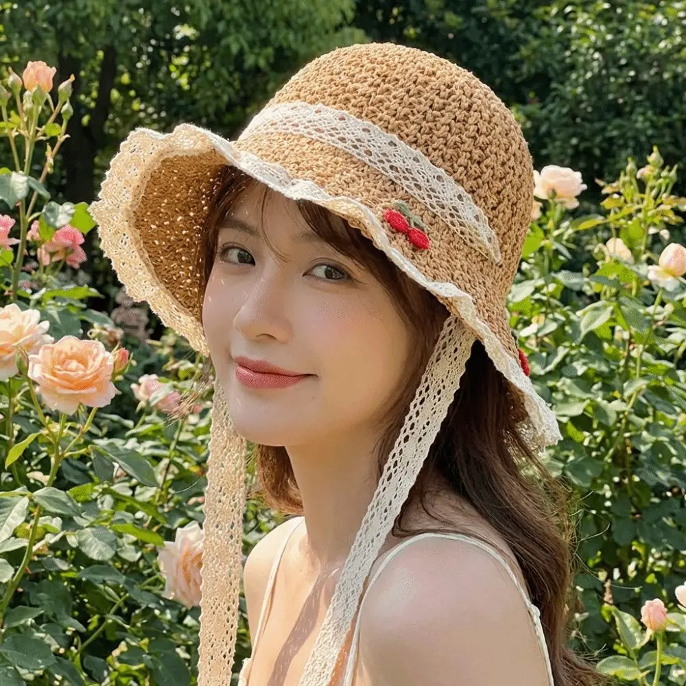

Unique Cherry Embroidered Women Sun Hat Solid Color Lace Straw Fisherman Hat Foldable Korean Style Woven Bucket Hat Ladies