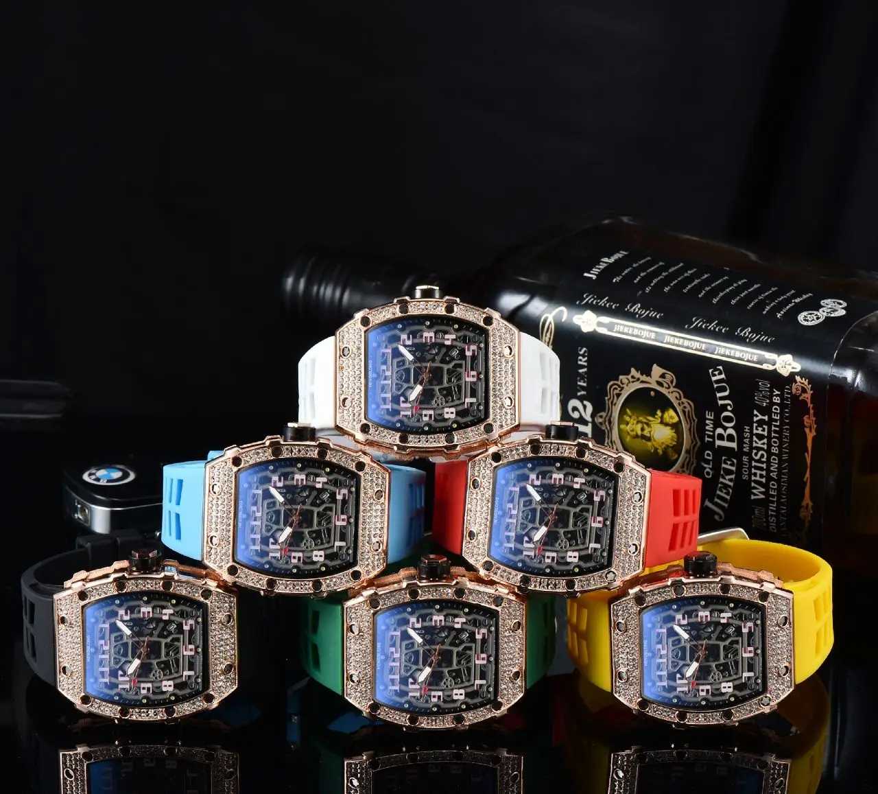 

Fashionable luxury diamond inlaid watch silicone strap tonneau large dial watch hollowed out surface calendar quartz