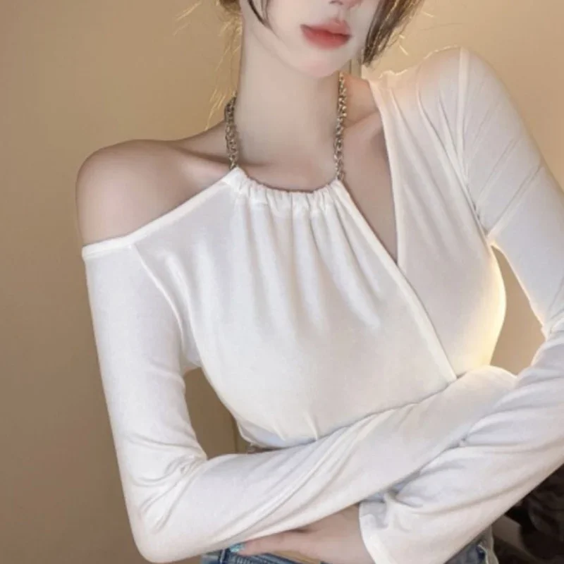 

Spring Autumn All-match Fashionable Off Shoulder Chain Halter T-Shirts Female Irregular Temperament Long Sleeve Top Tee Women's