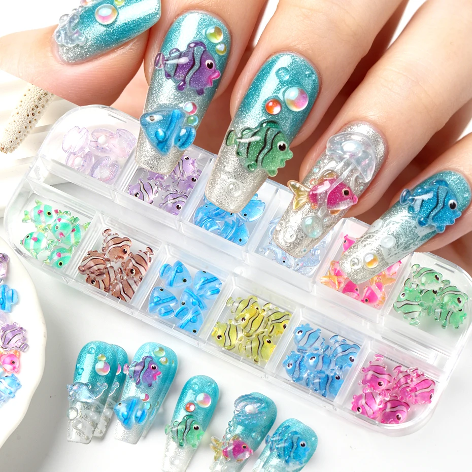 12-teiliges 3D Niedliches Fisch-Nagelcharms-Set, Ozean-Fisch-Harz-Nagelkunst-Dekorationen, Delfin-Muschel-Nagelzubehör, Sommer-Strand-Maniküre