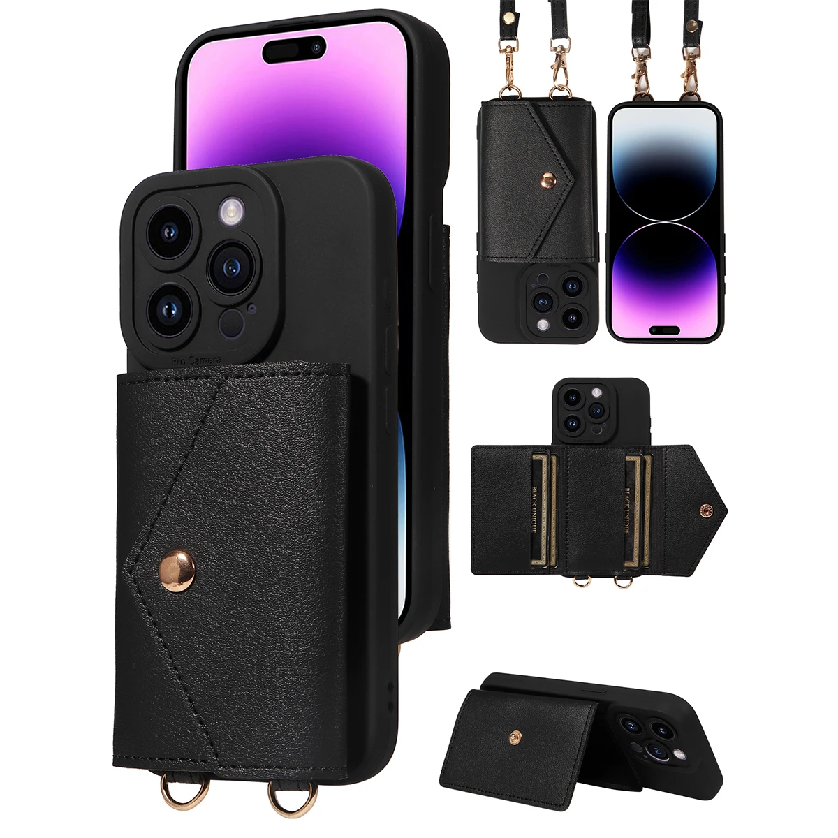 Faux Leather Phone Case for IPhone17 16 15 14 13 12 11 X XS XR 8 7 6 E Pro Max Plus Mini Wallet Protective Cover with Lanyard