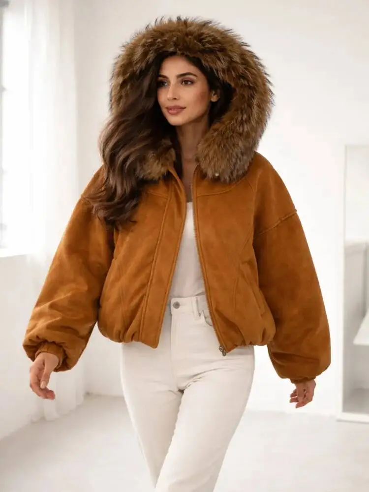 ONEXWEN Luxury Fur Collar Hooded Woolen Coat Women Winter Thickened Short Oversized Cashmere Jacket Warm Outerwear ZM5364