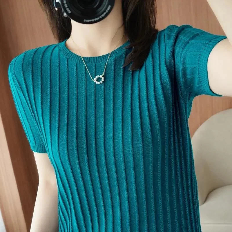 Spring Summer Short Sleeve Women Sweaters Korean Fashion Knitwears Slim Fit Bottoming Shirts Casual O-neck Pullovers Knit Tops