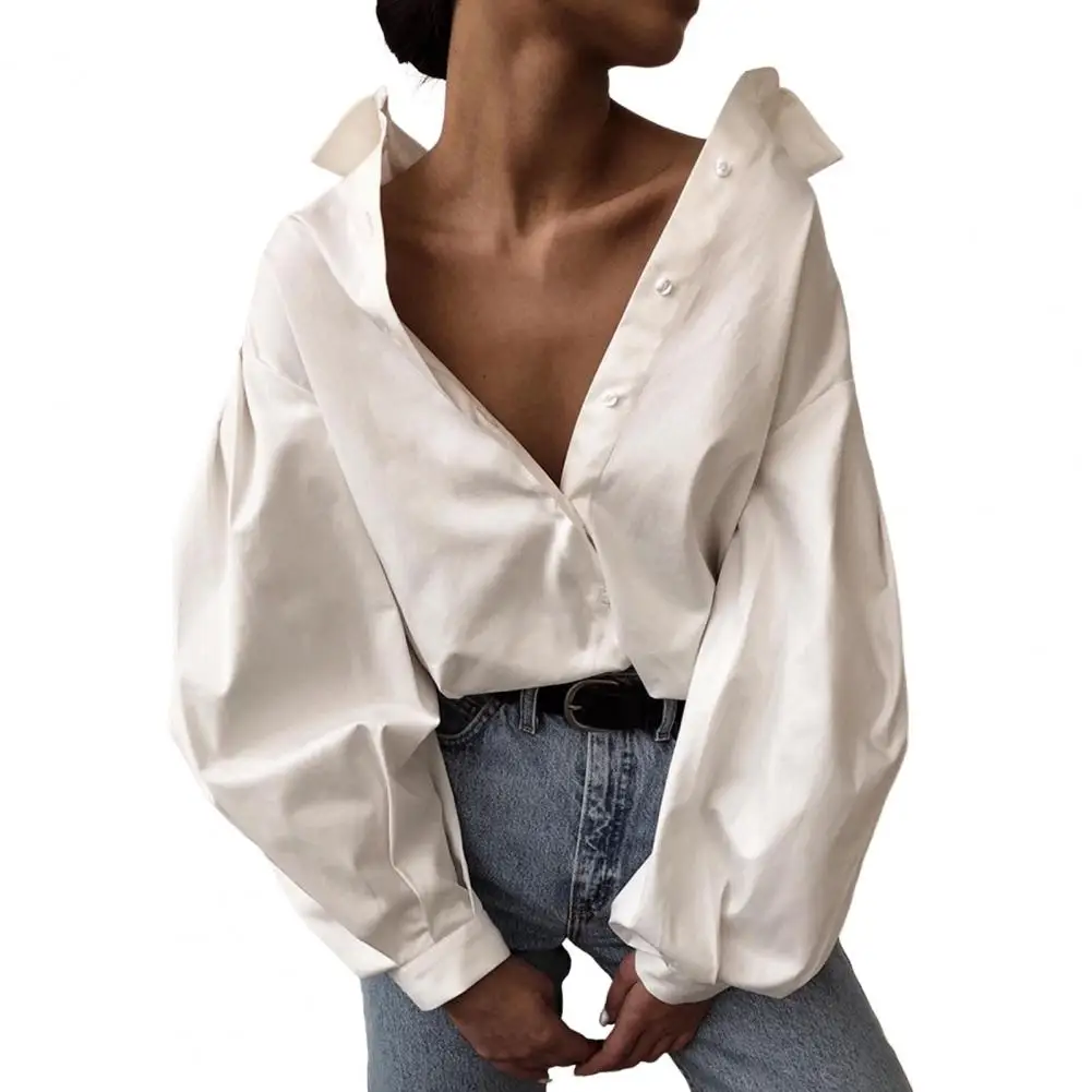 Shirt Blouse Breathable Autumn Shirt Lantern Long Sleeves Fashion Solid Color Button Up Women Shirt Coat Anti-pilling