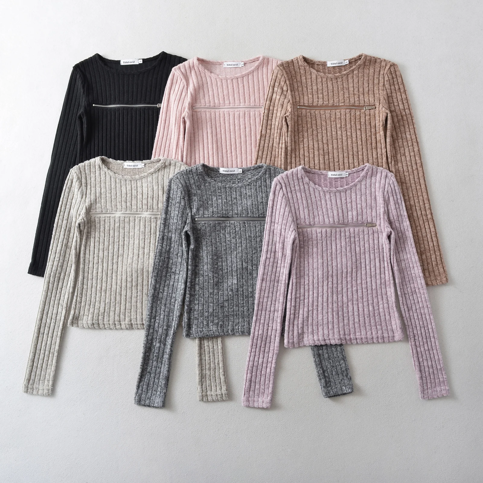 Retro Women Women sanding Rib Knit Sweater Front Open Zipper Chest Long Sleeve Pullover Jumper Autumn Knitwear