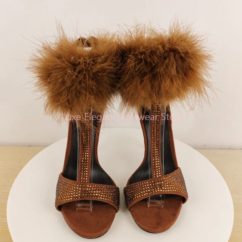 

Brown Faux Fur Shiny Crystal T-Tied Stiletto Sandals Women Open Toe Back Zipper Cover Heel High Heels Retro Fashion Party Shoes