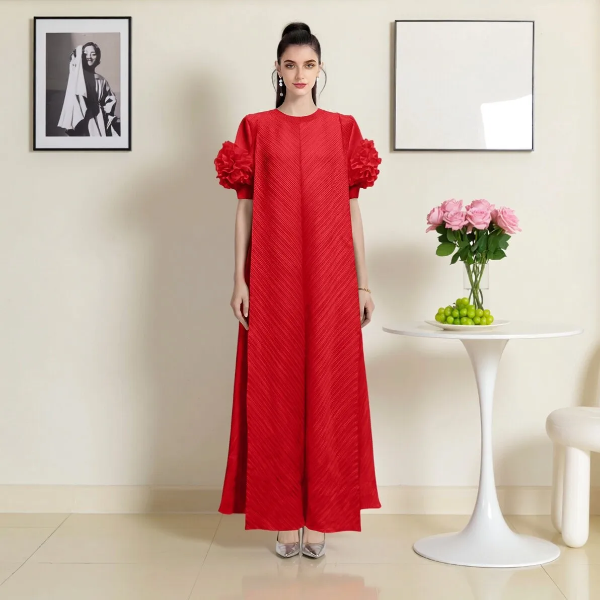 

Loose Court Style Dress with Petal Sleeves for Women Red Show Dress Elegant Draped Skirt High Elasticity Short Sleeve Dress