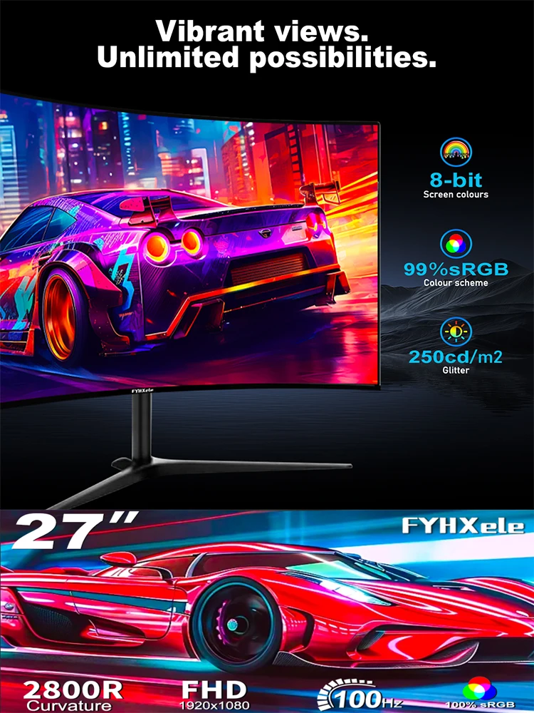 FYHXele 27 Zoll 100Hz Curved Gaming Monitor FHD 1080P 16:9 CSOT HVA Panel PC Computer Screen Desktop Display 2ms 99%sRGB R2800 Matte Eye Care DC Dimming HDMI VGA Office Home Gamer Monitore