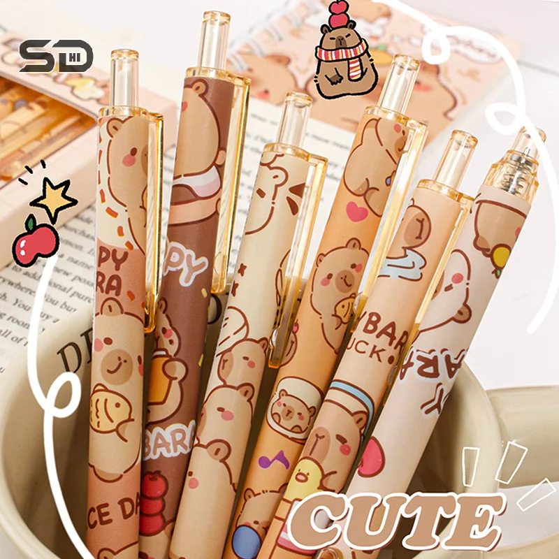 6Pcs Cute Capybara Pressing Gel Pens Kawaii Black Ink Pen Set School Supplies Cartoon Capybara Neutral Pen Aesthetic Stationery